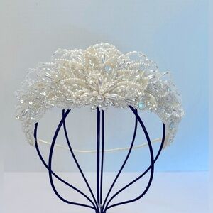 Hand Crafted Wedding Tiara, Faux Pearls, Beaded, Vintage, Off White, One Size